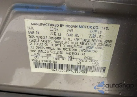 2007 Nissan Altima 2.5 S from USA, damaged, VIN 1N4AL21E77C112598
